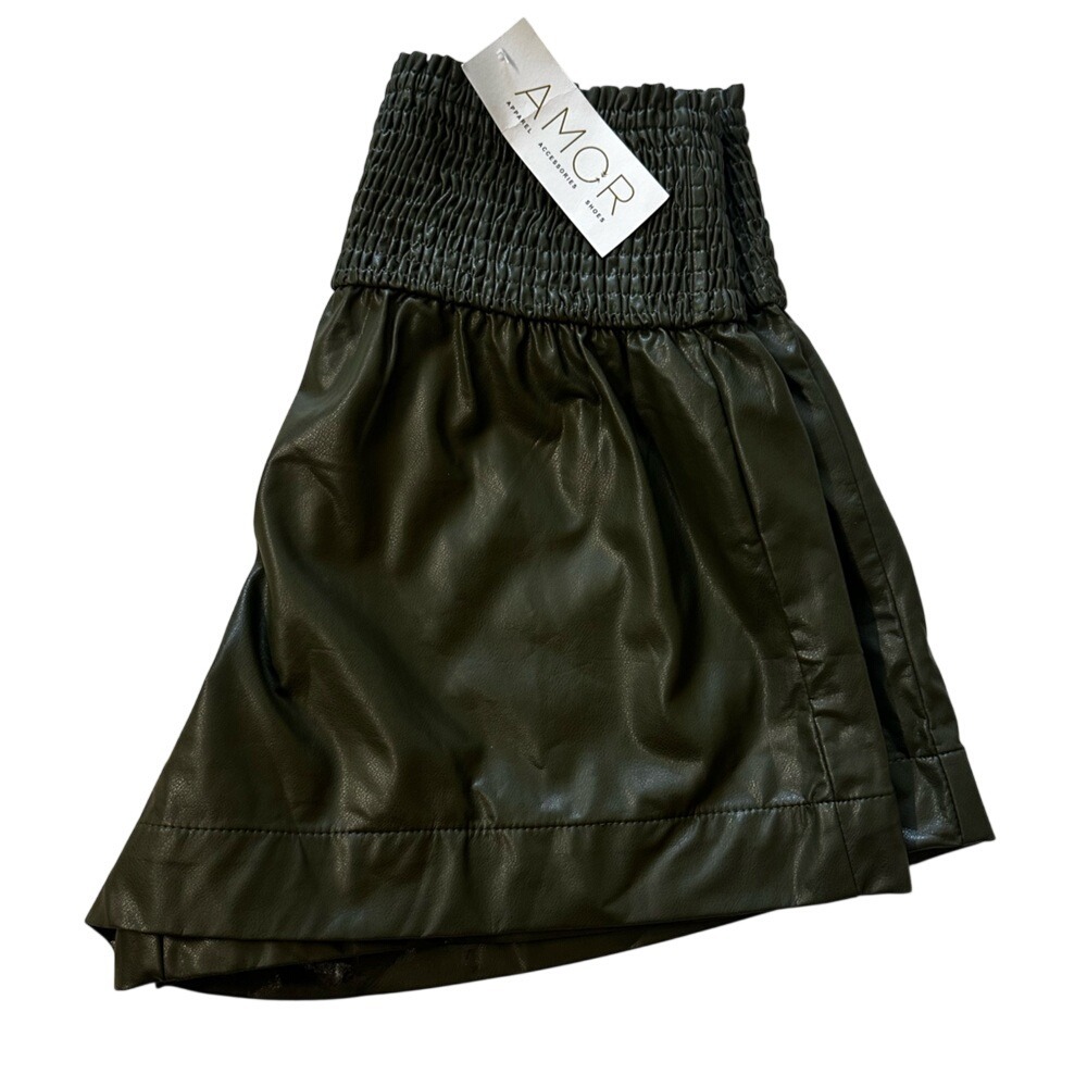 NWT Moss Green Faux Leather Smocked Shorts Women Small High Rise CP9379